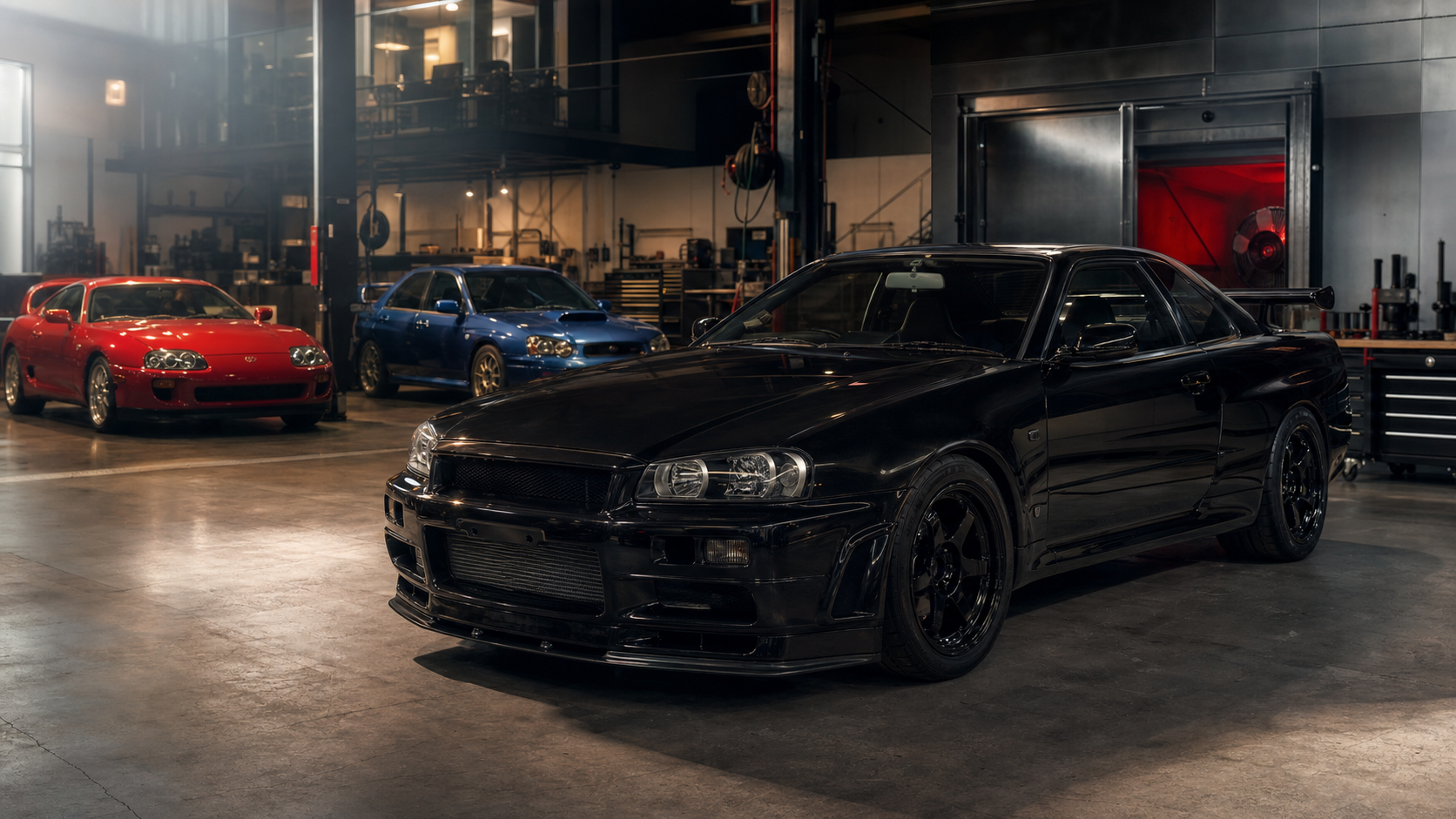 Black Nissan Skyline in a performance workshop